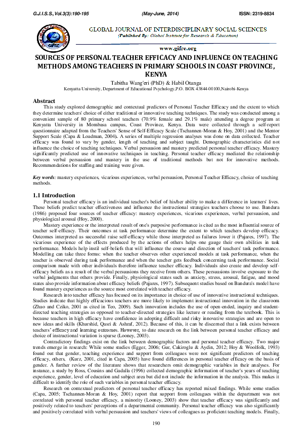 (PDF) Sources of Personal Teacher Efficacy and Influence on Teaching ...