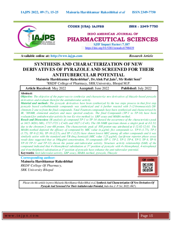 (PDF) SYNTHESIS AND CHARACTERIZATION OF NEW DERIVATIVES OF PYRAZOLE AND ...