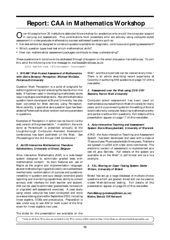 (PDF) Report: CAA in Mathematics Workshop | Pam Bishop - Academia.edu