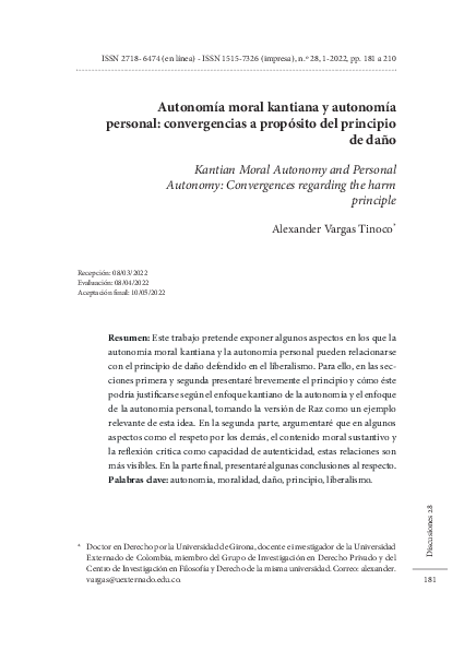 Vargas Tinoco, A. 2022 - "Autonomía moral kantiana y autonomía personal: convergencias a propósito del principio de daño"