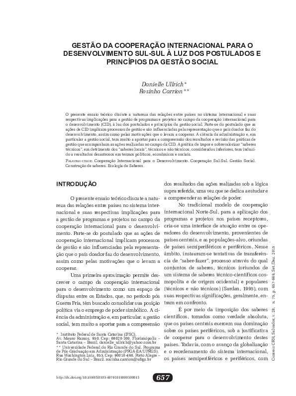(PDF) Gestão Da Cooperação Internacional Para O Desenvolvimento Sul-Sul ...