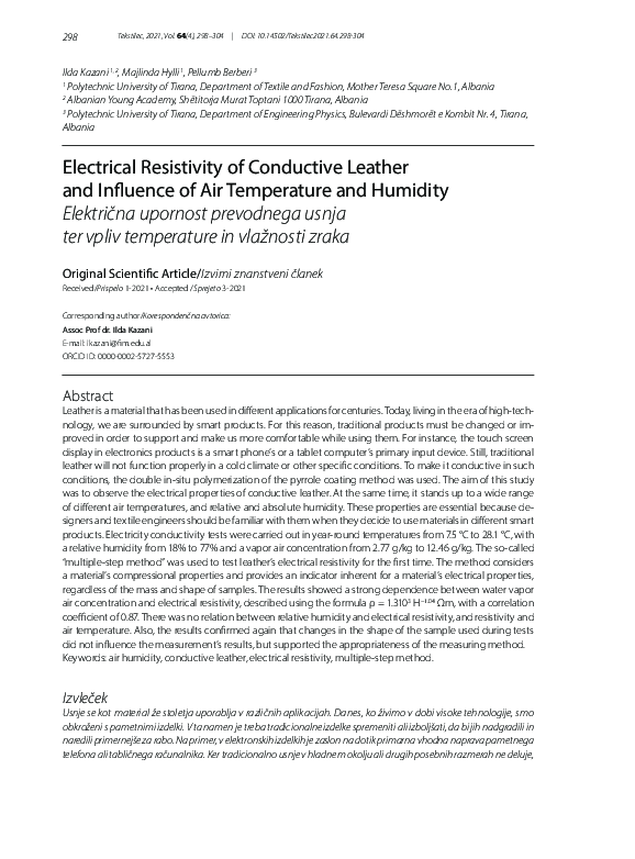 (PDF) Electrical Resistivity of Conductive Leather and Influence of Air Temperature and Humidity