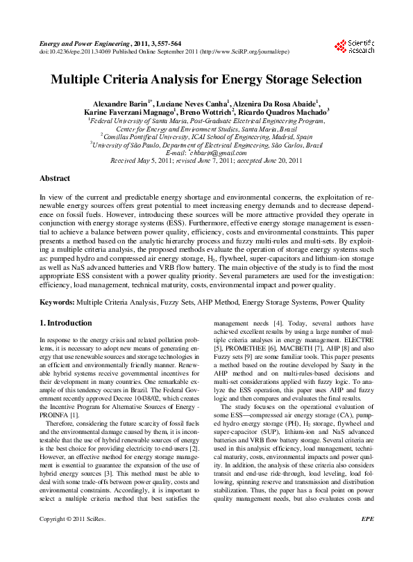 (PDF) Multiple Criteria Analysis for Energy Storage Selection