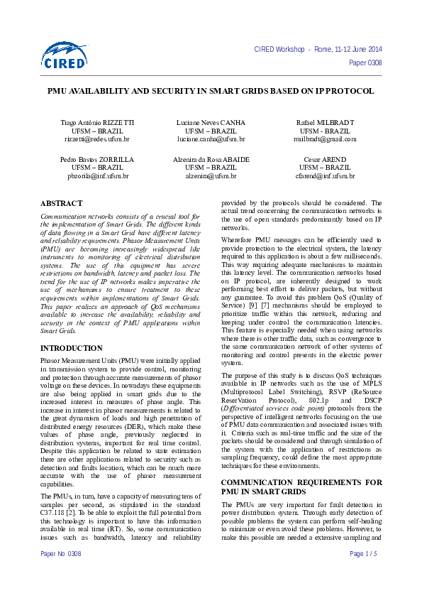 (PDF) Pmu Availability and Security in Smart Grids Based on Ip Protocol