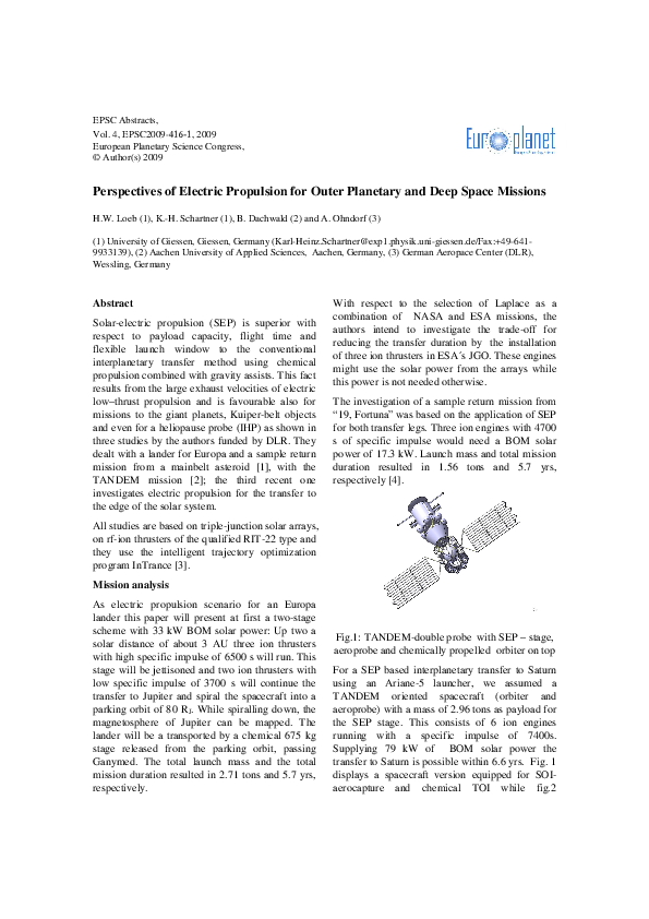 (PDF) Perspectives of Electric Propulsion for Outer Planetary and Deep ...