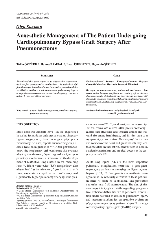 (PDF) Anaesthetic Management of The Patient Undergoing Cardiopulmonary ...