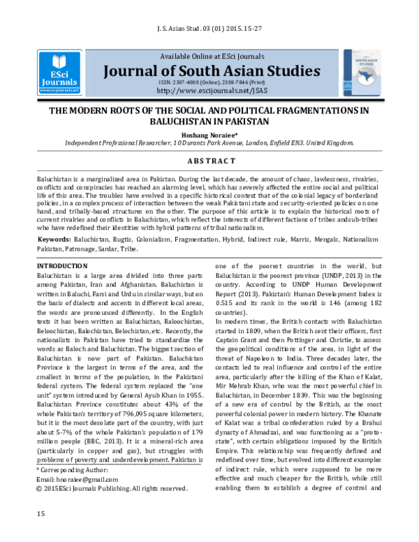 Journal of South Asian Studies THE MODERN ROOTS OF THE SOCIAL AND POLITICAL FRAGMENTATIONS IN BALUCHISTAN IN PAKISTAN