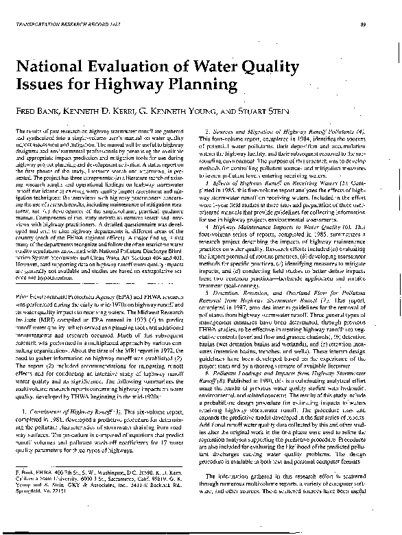 (PDF) National Evaluation of Water Quality Issues for Highway Planning