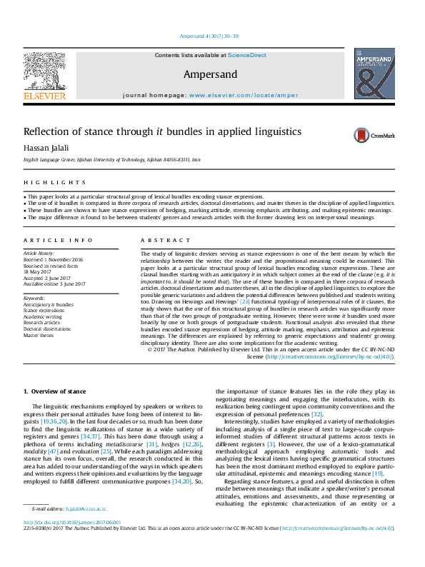 (PDF) Reflection of stance through it bundles in applied linguistics