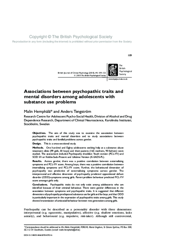 (PDF) Associations between psychopathic traits and mental disorders ...