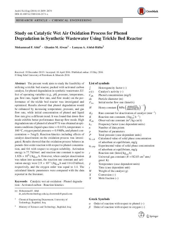 Pdf Study On Catalytic Wet Air Oxidation Process For Phenol