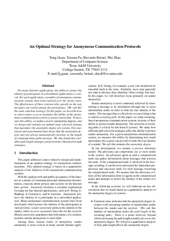 (PDF) An optimal strategy for anonymous communication protocols