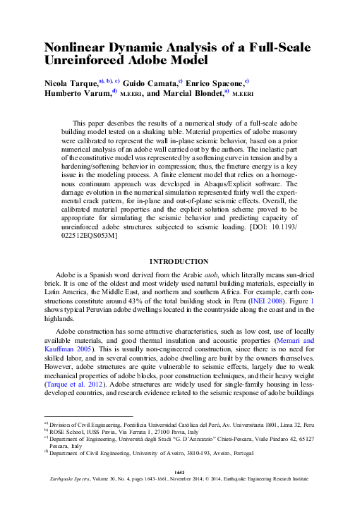 (PDF) Nonlinear Dynamic Analysis of a Full-Scale Unreinforced Adobe Model