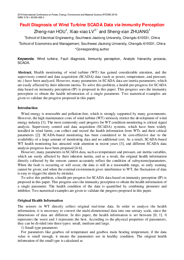 (PDF) Fault Diagnosis of Wind Turbine SCADA Data via Immunity Perception