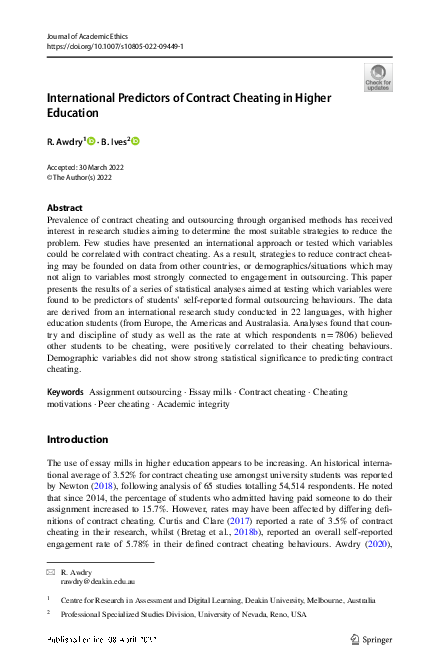 (PDF) International Predictors of Contract Cheating in Higher Education