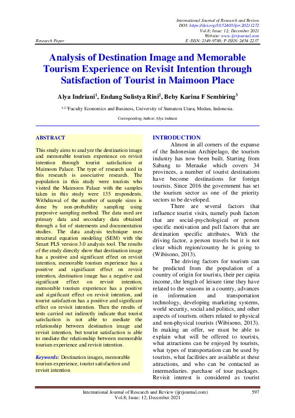 (PDF) Analysis of Destination Image and Memorable Tourism Experience on ...