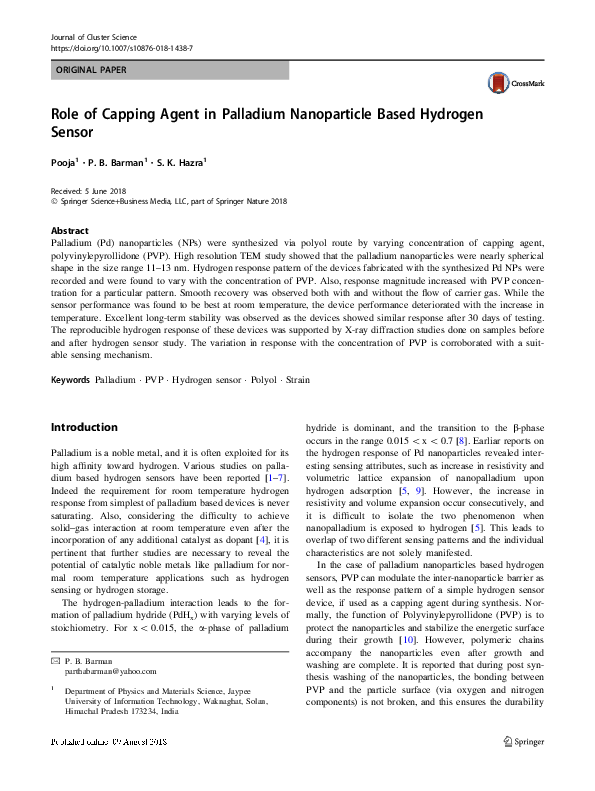 (PDF) Role of Capping Agent in Palladium Nanoparticle Based Hydrogen Sensor