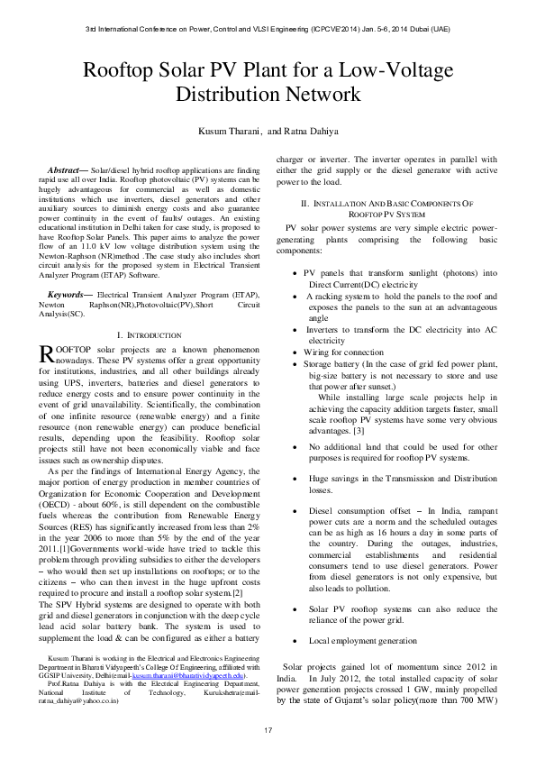 (PDF) Rooftop Solar PV Plant for a Low-Voltage Distribution Network