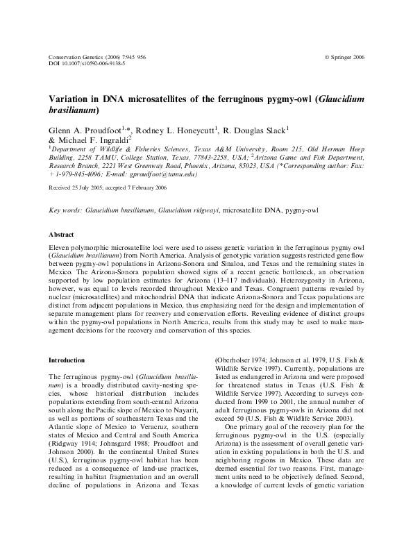 (PDF) Variation in DNA microsatellites of the ferruginous pygmy-owl ...