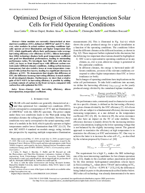 (PDF) Optimized Design of Silicon Heterojunction Solar Cells for Field ...