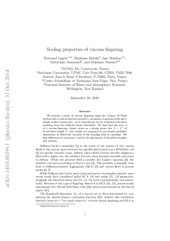 (PDF) Scaling properties of viscous fingering Stéphane Zaleski