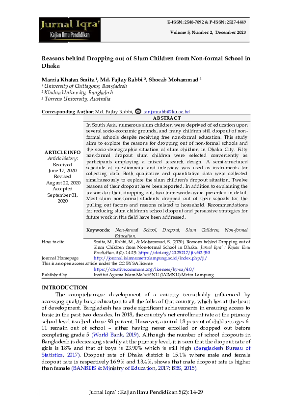 (PDF) Reasons behind Dropping out of Slum Children from Non-formal ...