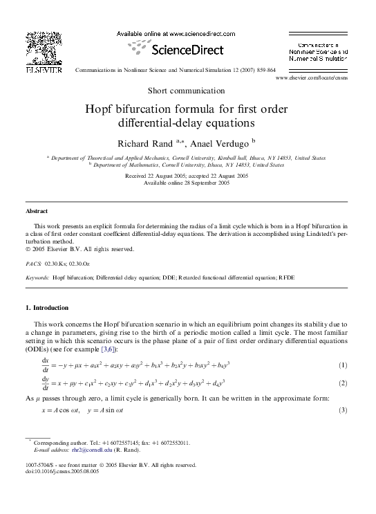 (PDF) Hopf bifurcation formula for first order differential-delay equations