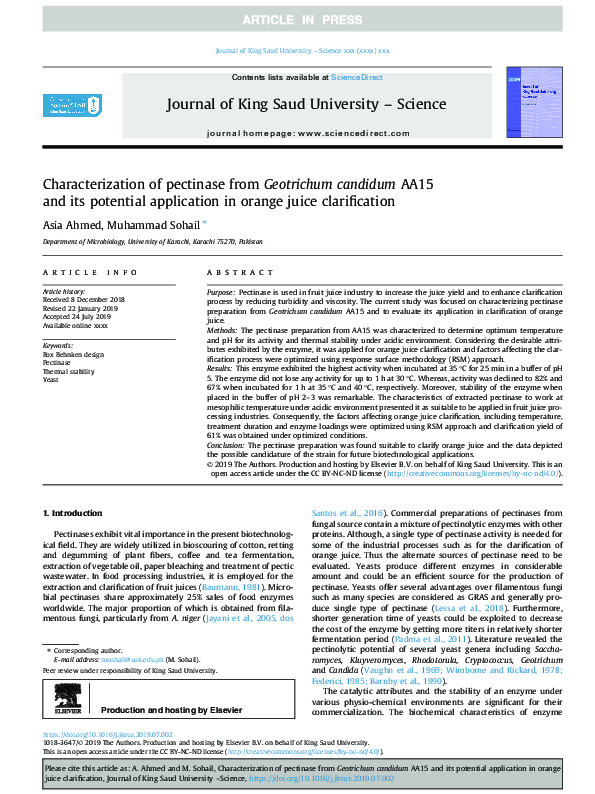 (PDF) Characterization of pectinase from Geotrichum candidum AA15 and