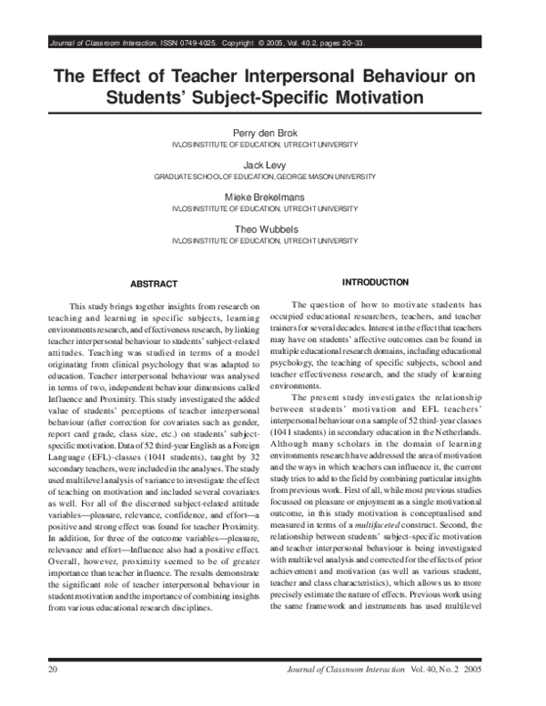 (PDF) The Effect of Teacher Interpersonal Behaviour on Students