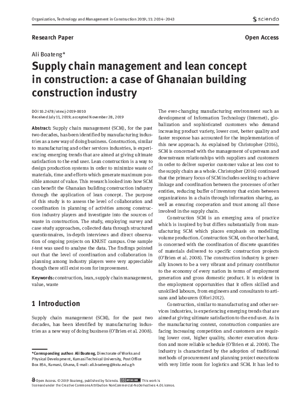 (PDF) Supply chain management and lean concept in construction a case
