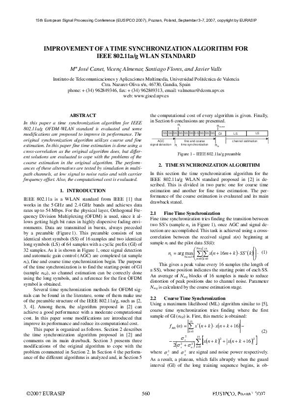 (PDF) Improvement of a time synchronization algorithm for IEEE 802.11a ...