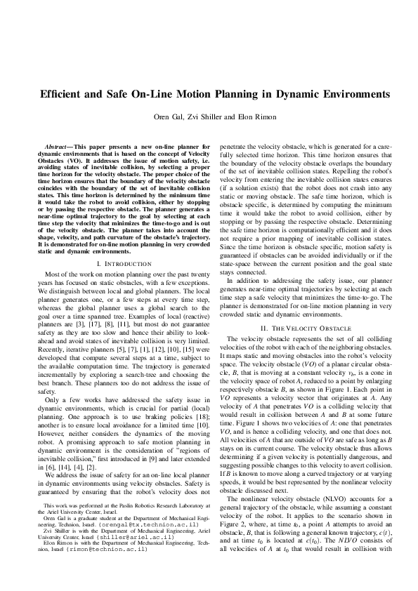 (PDF) Efficient and safe on-line motion planning in dynamic environments