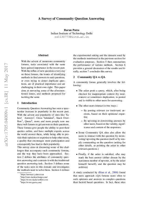 (PDF) A survey of Community Question Answering