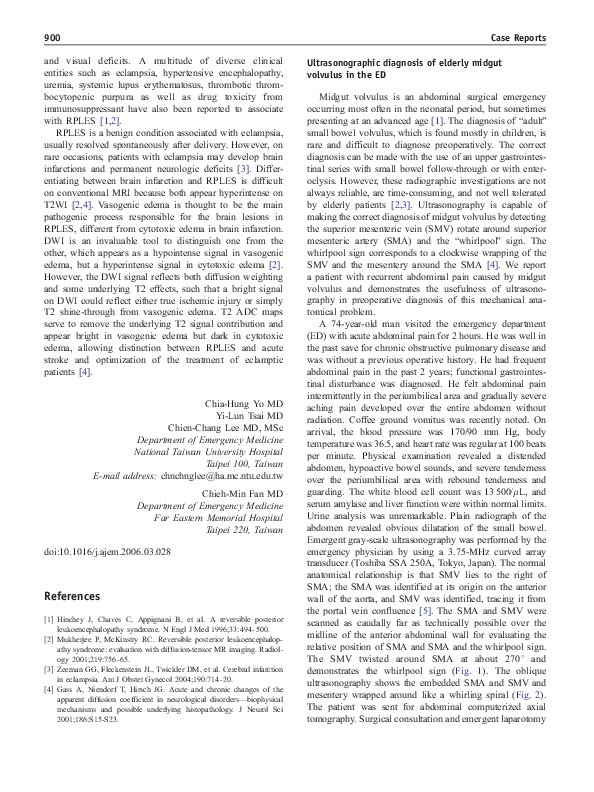 (PDF) Ultrasonographic diagnosis of elderly midgut volvulus in the ED