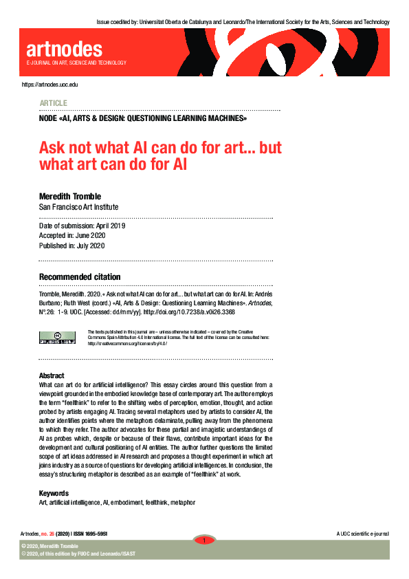(PDF) Ask not what AI can do for art... but what art can do for AI Meredith Tromble Academia.edu