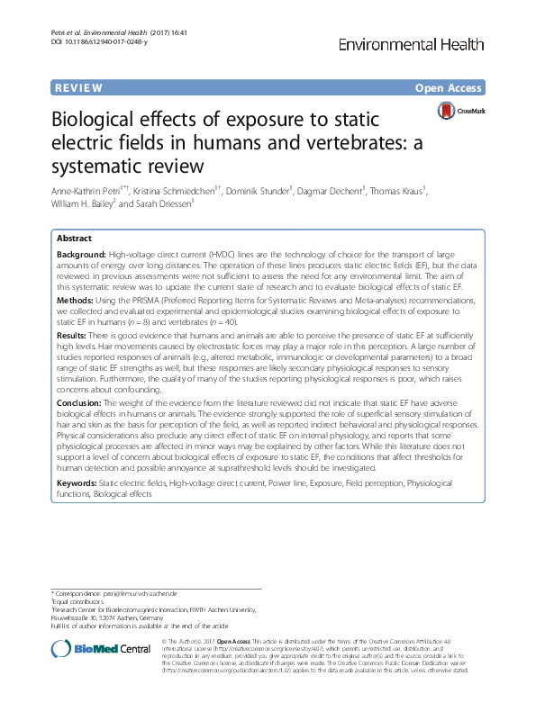 (PDF) Biological effects of exposure to static electric fields in ...