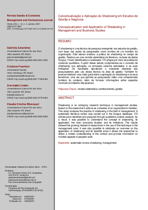 (PDF) Conceitualização e Aplicação do Shadowing em Estudos de Gestão e ...