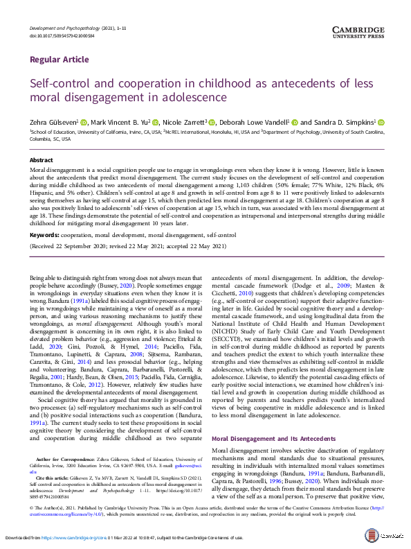 (PDF) Self-control and cooperation in childhood as antecedents of less ...