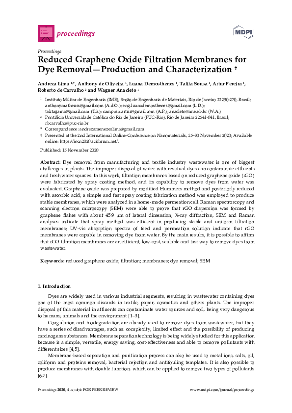 (PDF) Reduced graphene oxide filtration membranes for dye removal