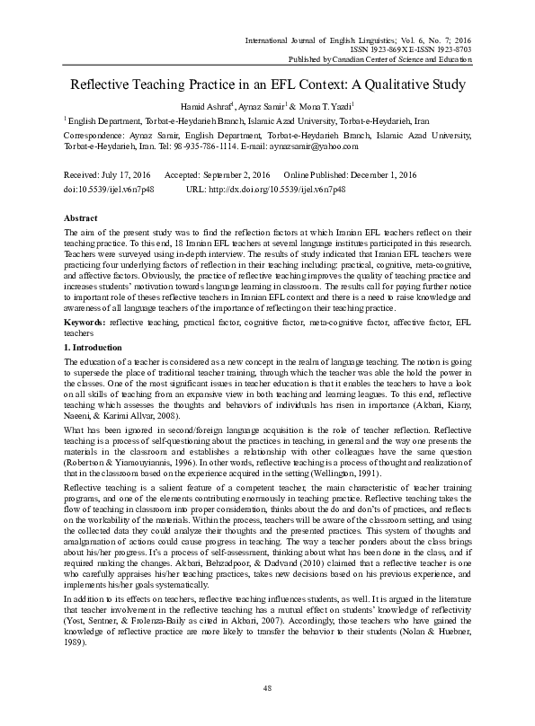 (PDF) Reflective Teaching Practice in an EFL Context: A Qualitative ...