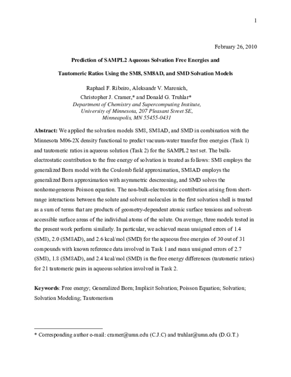 (PDF) Prediction of SAMPL2 aqueous solvation free energies and ...