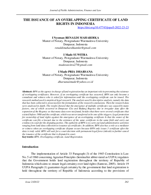 (PDF) The Issuance of an Overlapping Certificate of Land Rights in