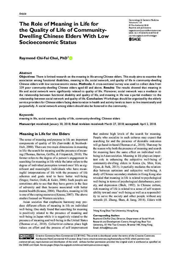 (PDF) The Role of Meaning in Life for the Quality of Life of Community ...