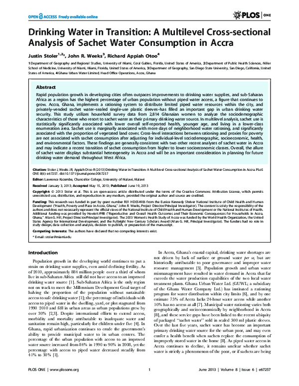 (PDF) Drinking Water in Transition A Multilevel Crosssectional Analysis of Sachet Water