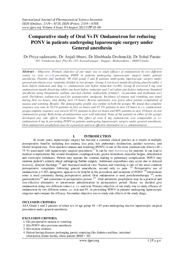 (PDF) Comparative study of Oral Vs IV Ondansetron for reducing PONV in