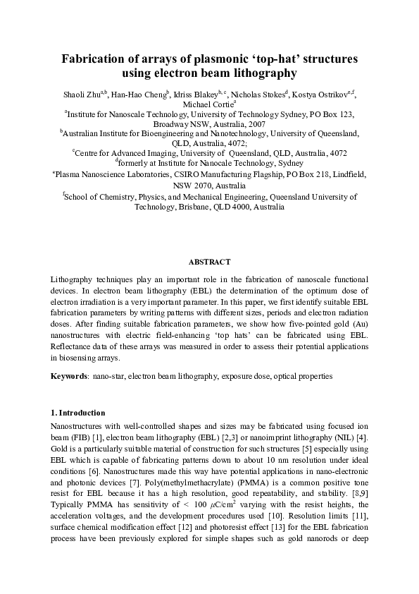 (PDF) Plasmonic ‘top-hat’ nano-star arrays by electron beam lithography