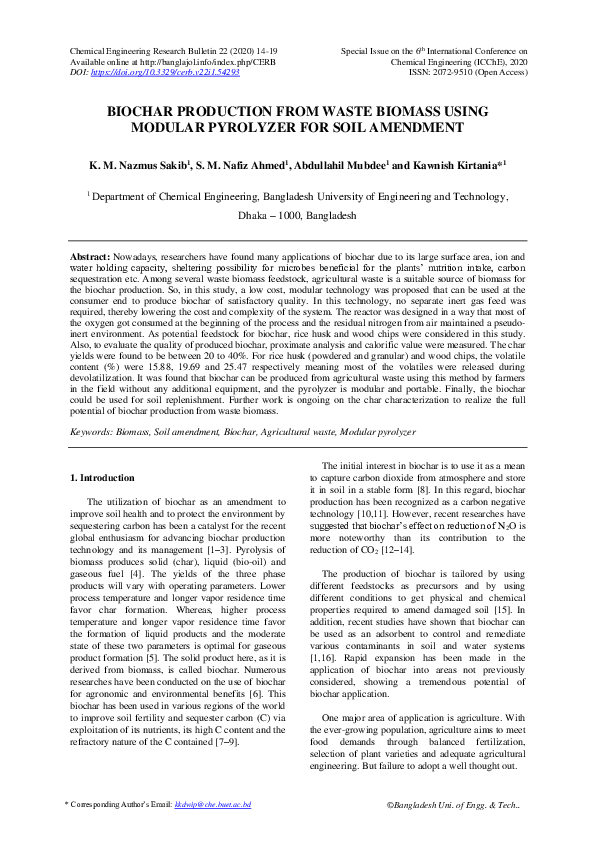 (PDF) Biochar Production from Waste Biomass using Modular Pyrolyzer for ...