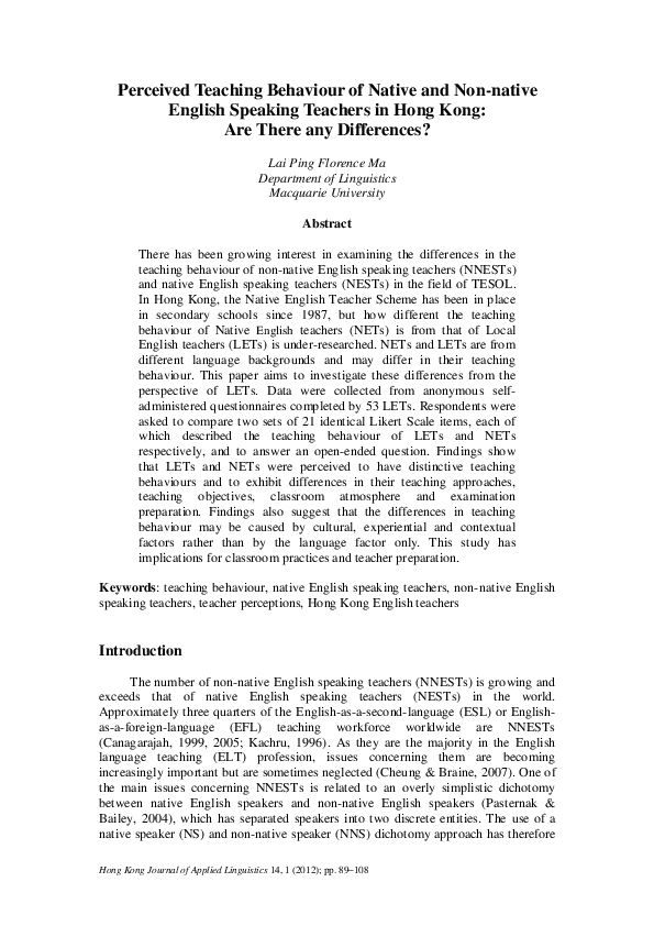 (PDF) Perceived teaching behaviour of native and non-native English ...