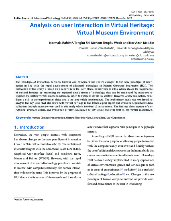 (PDF) Analysis on user interaction in Virtual Heritage: Virtual Museum ...