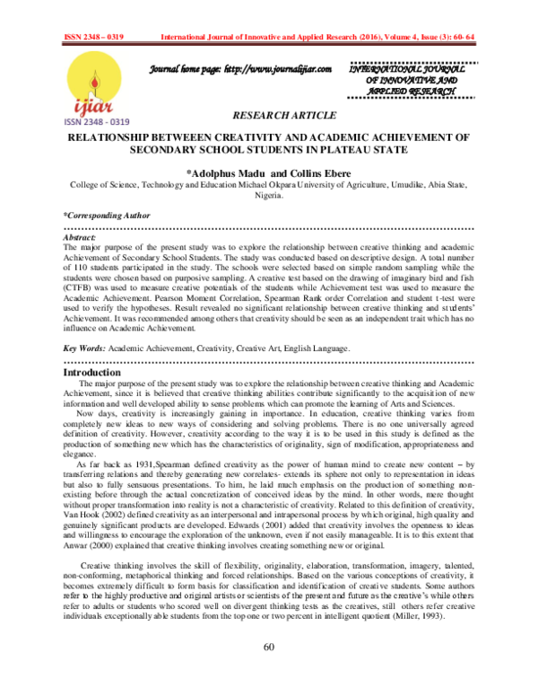 (PDF) Relationship Betweeen Creativity and Academic Achievement of ...